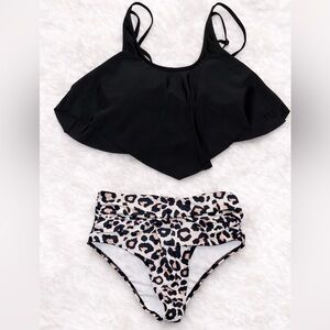 SHEIN Black Ruffle Top Leopard High Waisted Bikini Set Small